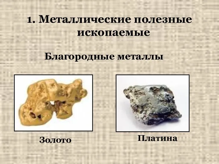1. Металлические полезные ископаемые Золото Платина Благородные металлы