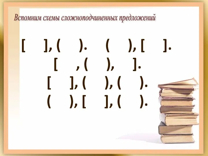 Вспомним схемы сложноподчиненных предложений [ ], ( ). ( ), [