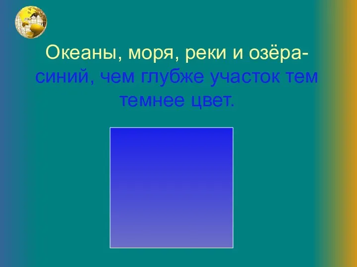 Океаны, моря, реки и озёра- синий, чем глубже участок тем темнее цвет.