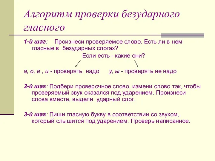 Алгоритм проверки безударного гласного 1-й шаг: Произнеси проверяемое слово. Есть ли