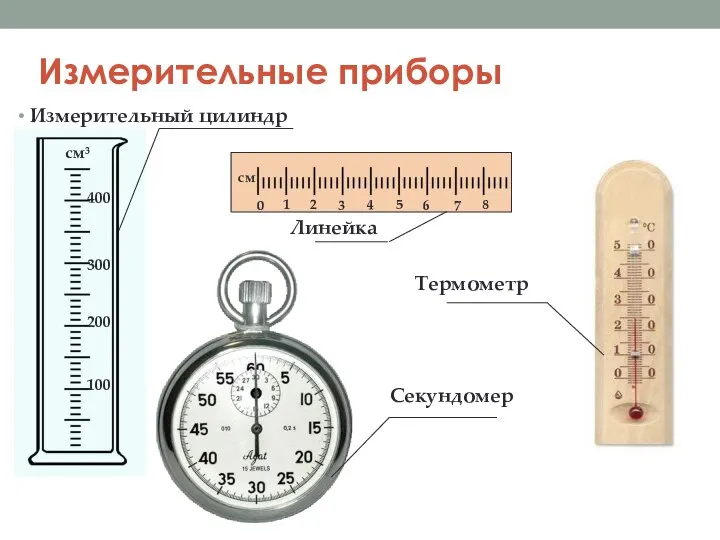 Измерительные приборы Измерительный цилиндр Линейка Термометр Секундомер 100 200 300 400