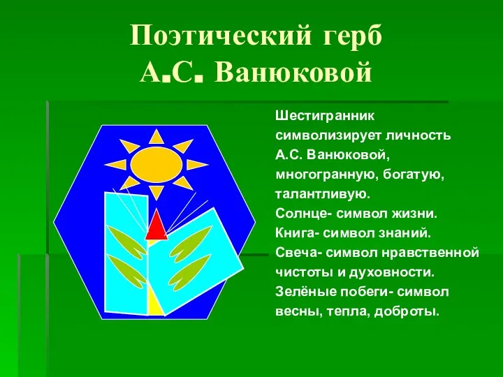 Поэтический герб А.С. Ванюковой Шестигранник символизирует личность А.С. Ванюковой, многогранную, богатую,