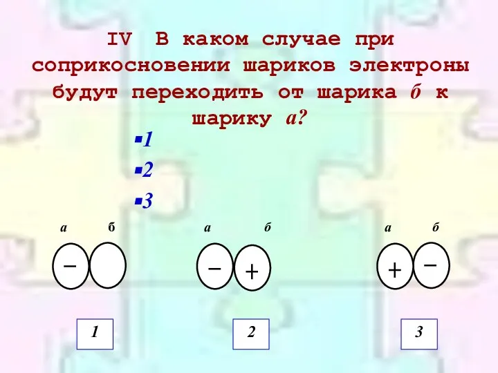 IV В каком случае при соприкосновении шариков электроны будут переходить от