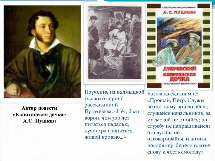 Автор повести «Капитанская дочка» А.С. Пушкин Батюшка сказал мне: «Прощай, Петр.