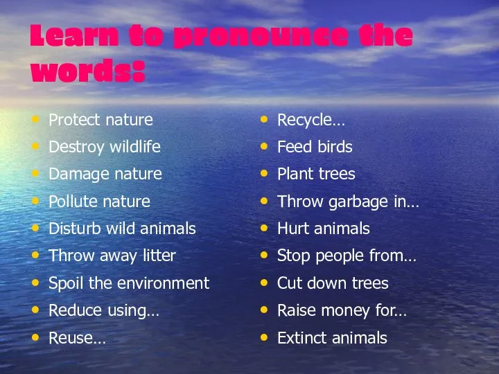 Learn to pronounce the words: Protect nature Destroy wildlife Damage nature