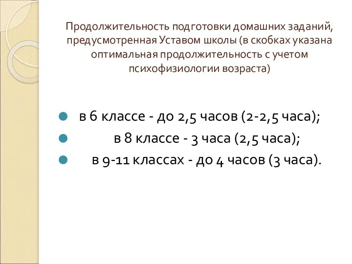 Продолжительность подготовки домашних заданий, предусмотренная Уставом школы (в скобках указана оптимальная