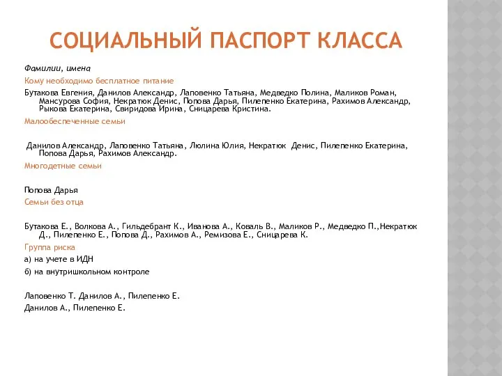 СОЦИАЛЬНЫЙ ПАСПОРТ КЛАССА Фамилии, имена Кому необходимо бесплатное питание Бутакова Евгения,