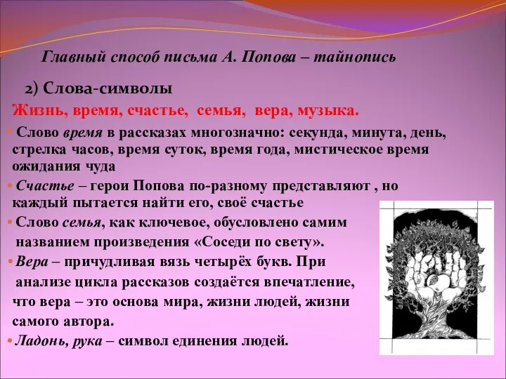 Главный способ письма А. Попова – тайнопись Жизнь, время, счастье, семья,