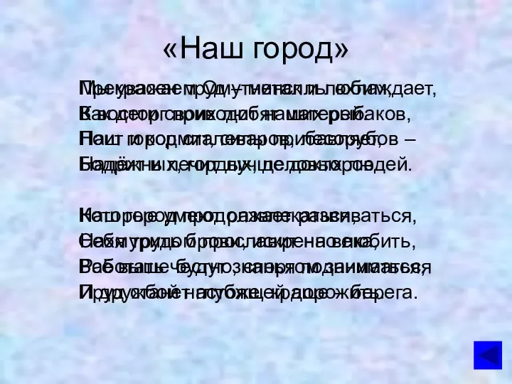 «Наш город» Мы уважаем Омутнинск и любим, Как дети своих любят