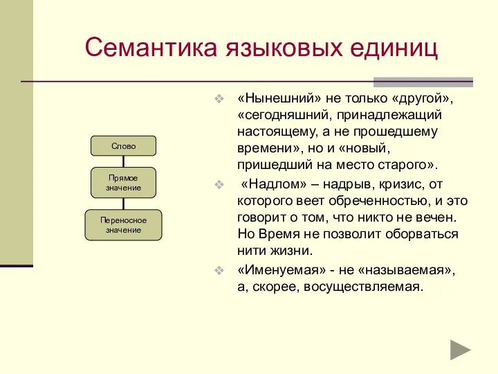 Семантика языковых единиц «Нынешний» не только «другой», «сегодняшний, принадлежащий настоящему, а