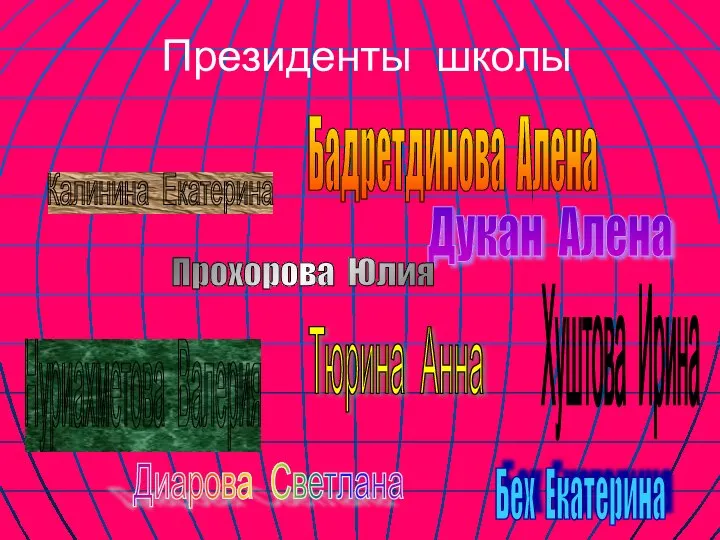 Президенты школы Дукан Алена Калинина Екатерина Прохорова Юлия Нуриахметова Валерия Бадретдинова