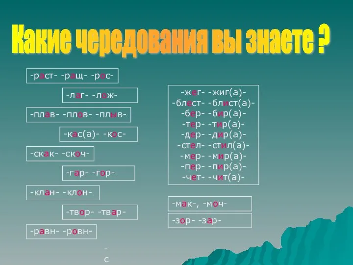 Какие чередования вы знаете ? -скак- -скоч- -жег- -жиг(а)- -блест- -блист(а)-