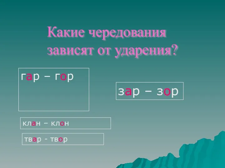 Какие чередования зависят от ударения? гар – гор зар – зор