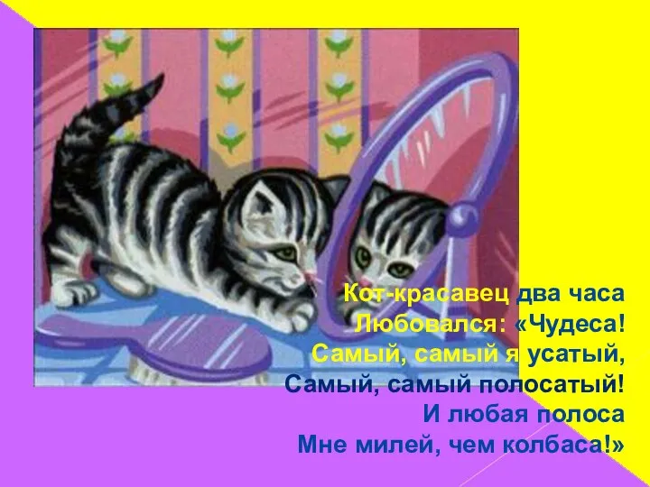 Кот-красавец два часа Любовался: «Чудеса! Самый, самый я усатый, Самый, самый