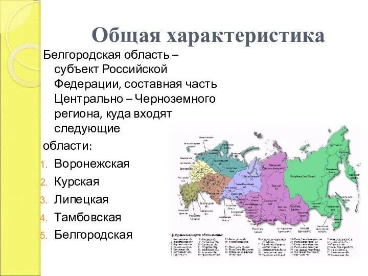 Общая характеристика Белгородская область – субъект Российской Федерации, составная часть Центрально