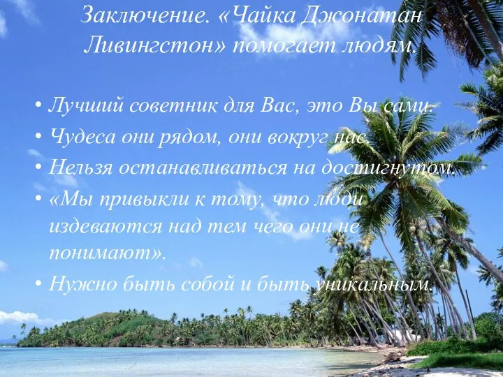 Заключение. «Чайка Джонатан Ливингстон» помогает людям. Лучший советник для Вас, это