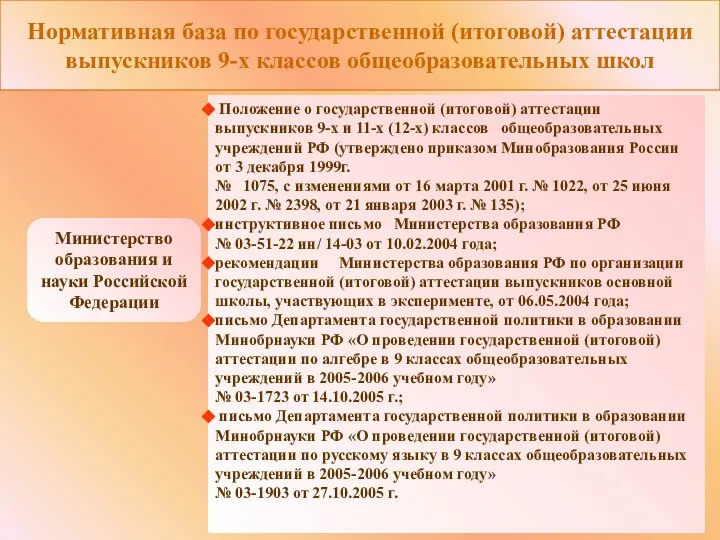 Нормативная база по государственной (итоговой) аттестации выпускников 9-х классов общеобразовательных школ