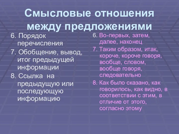 Смысловые отношения между предложениями 6. Порядок перечисления 7. Обобщение, вывод, итог