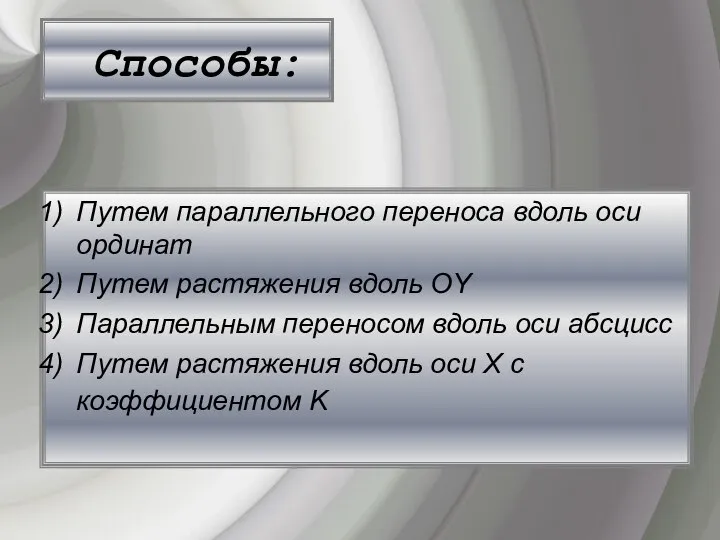 Способы: Путем параллельного переноса вдоль оси ординат Путем растяжения вдоль ОY