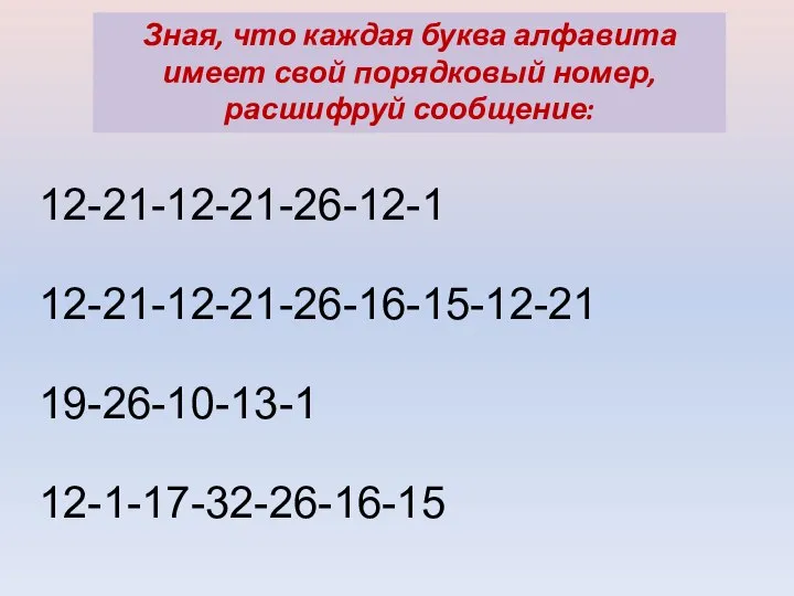 Зная, что каждая буква алфавита имеет свой порядковый номер, расшифруй сообщение: 12-21-12-21-26-12-1 12-21-12-21-26-16-15-12-21 19-26-10-13-1 12-1-17-32-26-16-15
