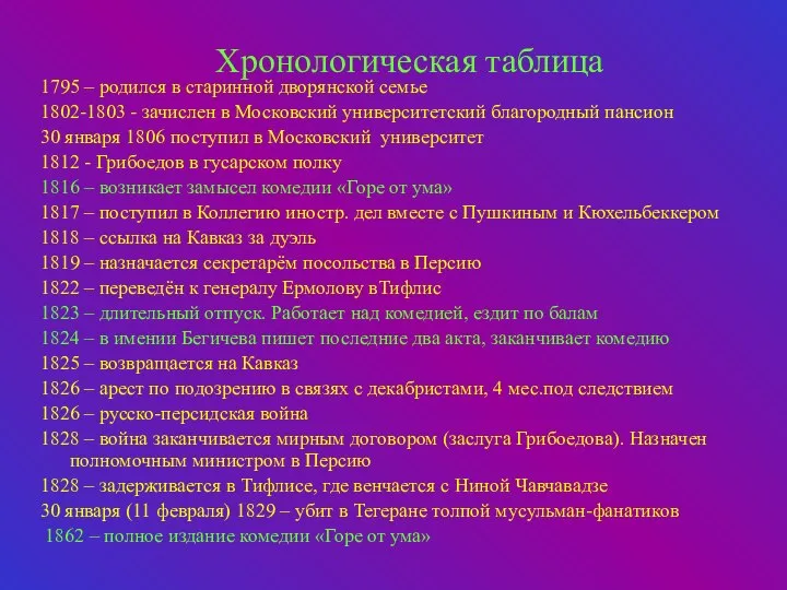 Хронологическая таблица 1795 – родился в старинной дворянской семье 1802-1803 -