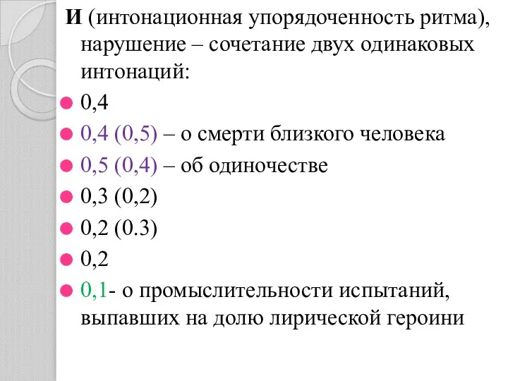 И (интонационная упорядоченность ритма), нарушение – сочетание двух одинаковых интонаций: 0,4