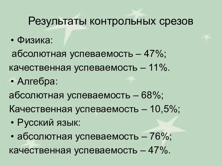 Результаты контрольных срезов Физика: абсолютная успеваемость – 47%; качественная успеваемость –