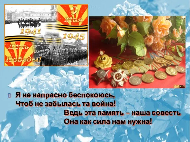 Я не напрасно беспокоюсь, Чтоб не забылась та война! Ведь эта