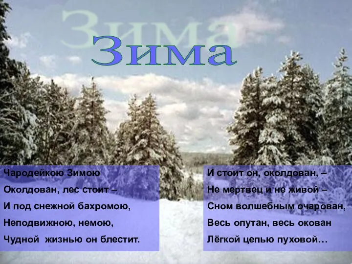 Зима Чародейкою Зимою Околдован, лес стоит – И под снежной бахромою,