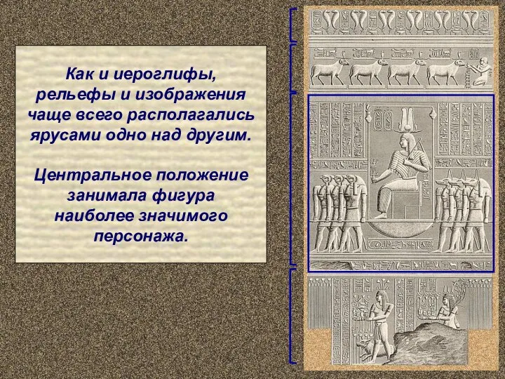 Как и иероглифы, рельефы и изображения чаще всего располагались ярусами одно