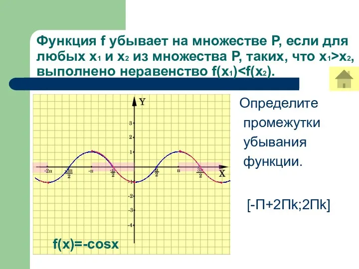 Функция f убывает на множестве Р, если для любых х1 и