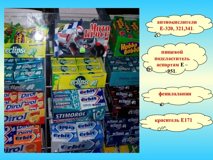пищевой подсластитель аспартам Е – 951. антиокислители Е-320, 321,341. фенилаланин краситель Е171