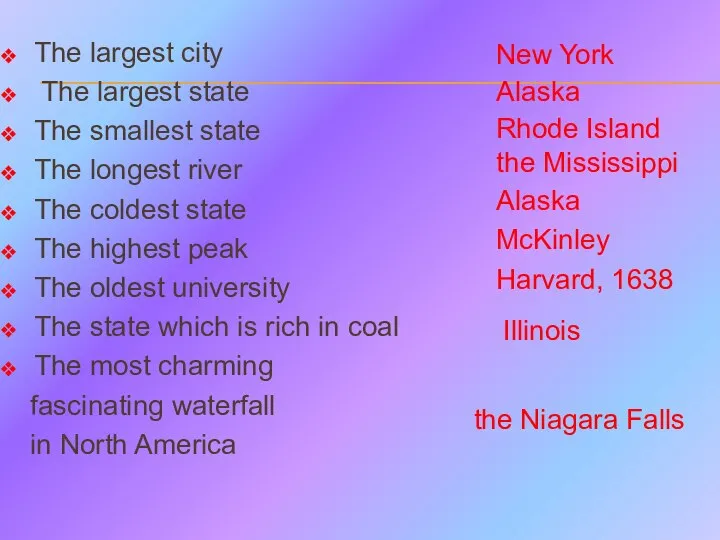 The largest city The largest state The smallest state The longest