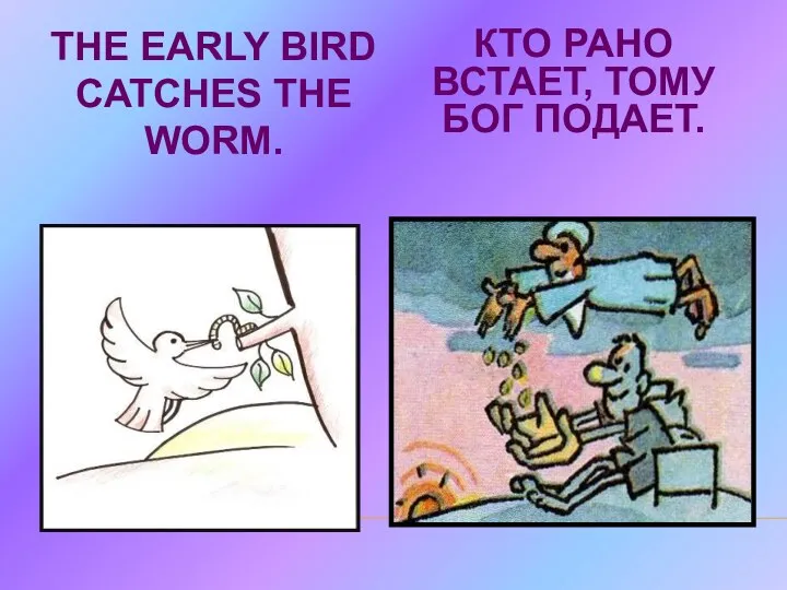 THE EARLY BIRD CATCHES THE WORM. КТО РАНО ВСТАЕТ, ТОМУ БОГ ПОДАЕТ.