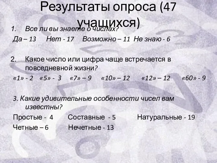 Результаты опроса (47 учащихся) Все ли вы знаете о числах? Да
