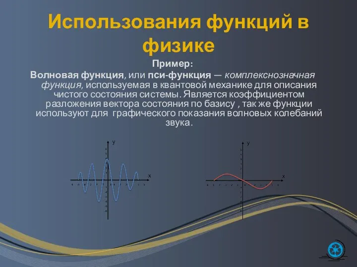 Использования функций в физике Пример: Волновая функция, или пси-функция — комплекснозначная