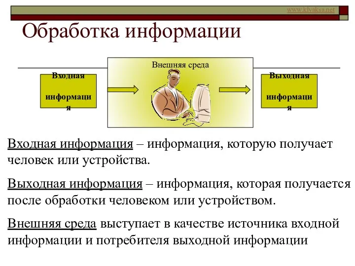 Обработка информации Входная информация – информация, которую получает человек или устройства.