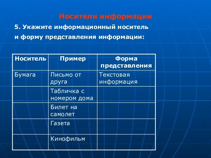 Носители информации 5. Укажите информационный носитель и форму представления информации: