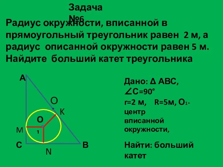 Радиус окружности, вписанной в прямоугольный треугольник равен 2 м, а радиус