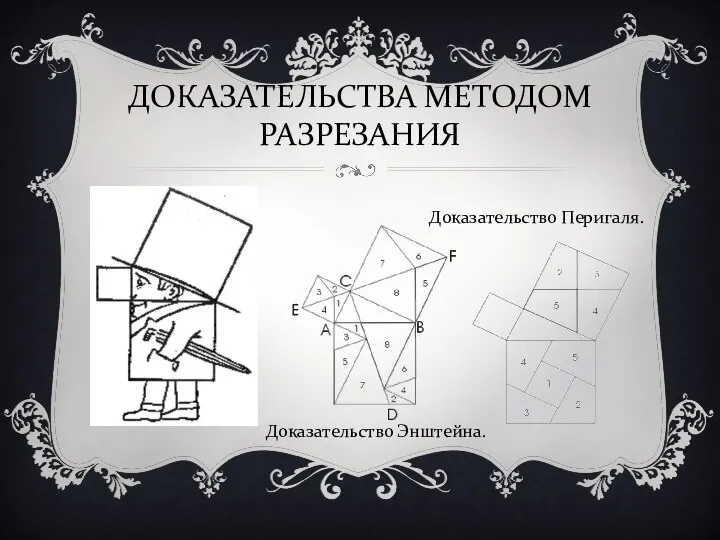 ДОКАЗАТЕЛЬСТВА МЕТОДОМ РАЗРЕЗАНИЯ Доказательство Энштейна. Доказательство Перигаля.