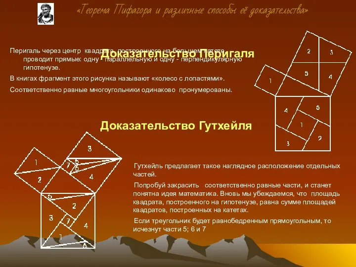 Доказательство Перигаля Перигаль через центр квадрата, построенного на большем катете, проводит