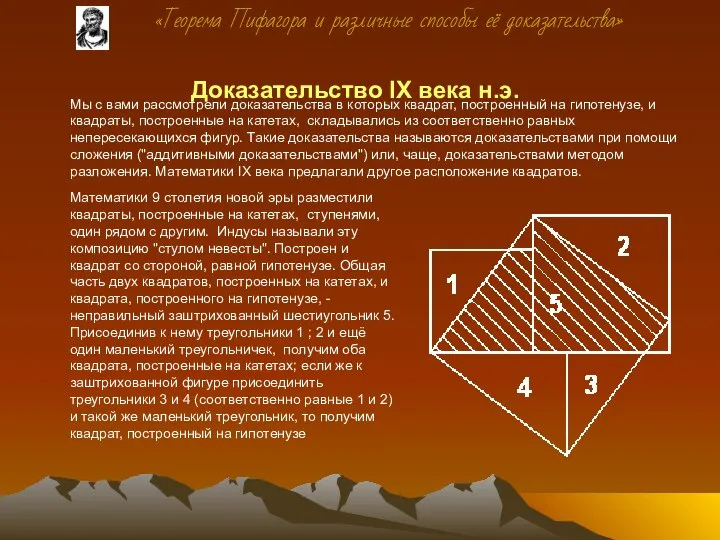 Доказательство IX века н.э. Математики 9 столетия новой эры разместили квадраты,