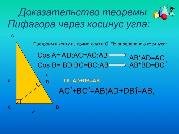 Доказательство теоремы Пифагора через косинус угла: D A C B c