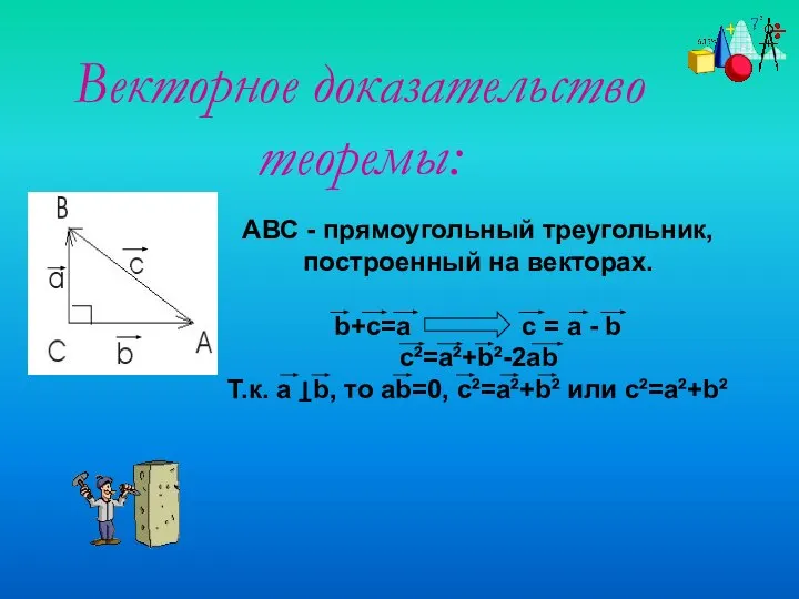 Векторное доказательство теоремы: АВС - прямоугольный треугольник, построенный на векторах. b+c=a