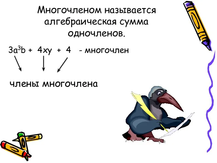 Многочленом называется алгебраическая сумма одночленов. 3a3b + 4xy + 4 - многочлен члены многочлена