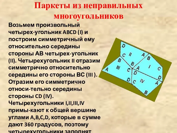 Паркеты из неправильных многоугольников Возьмем произвольный четырех-угольник ABCD (I) и построим