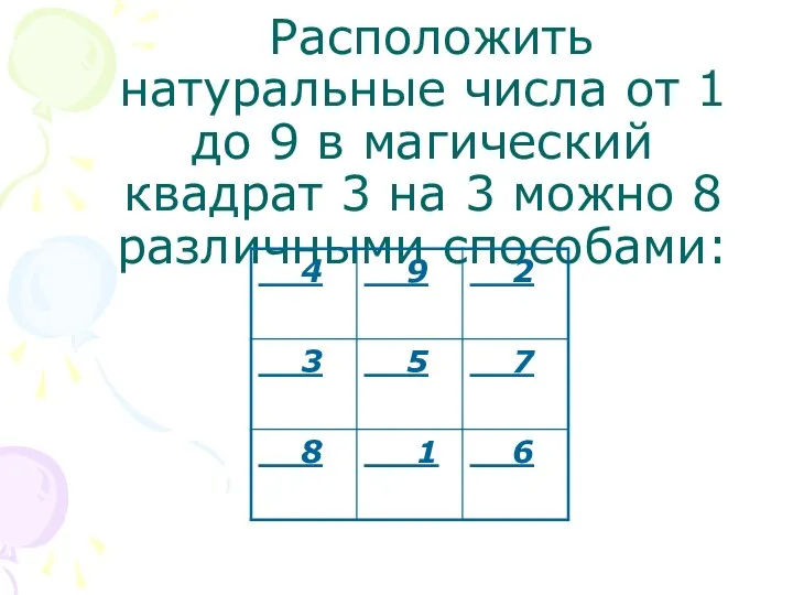 Расположить натуральные числа от 1 до 9 в магический квадрат 3