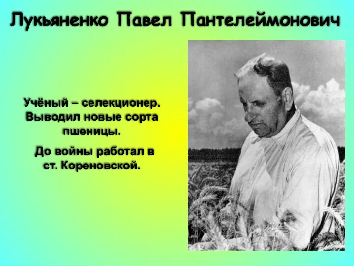 Лукьяненко Павел Пантелеймонович Учёный – селекционер. Выводил новые сорта пшеницы. До войны работал в ст. Кореновской.