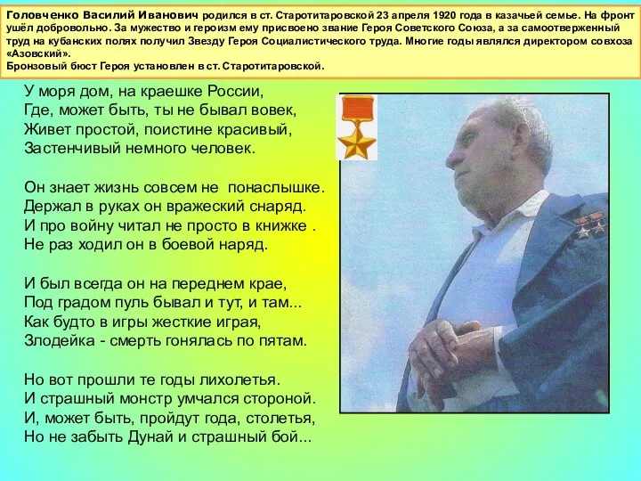 Головченко Василий Иванович родился в ст. Старотитаровской 23 апреля 1920 года