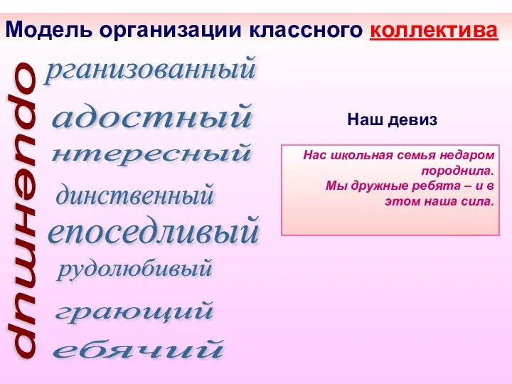 Модель организации классного коллектива ориентир адостный нтересный динственный епоседливый рганизованный ебячий